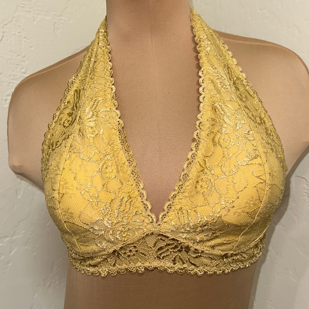Listicle mustard halter lace bralette